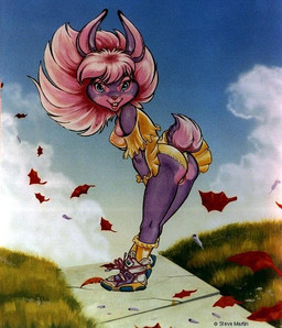 anthro bent_over biped blue_eyes bottomwear breasts butt clothed clothing female footwear fur grass hair leaf panties path pink_hair plant purple_body purple_fur scut_tail shoes short_tail simple_background skirt solo tail tail_under_skirt tail_upskirt underwear upskirt wind steve_martin mauvette lagomorph leporid mammal rabbit