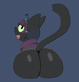 big_butt black_body black_ears black_eyes black_fur black_tail blue_background blue_mask butt cute_fangs eyelashes fangs female feral fur green_sclera half-closed_eyes huge_butt looking_at_viewer looking_back narrowed_eyes open_mouth purple_mask purple_scarf scarf simple_background solo tail teeth miso_souperstar moonshine_(miso_souperstar) alfiq domestic_cat felid feline felis mammal 2026 digital_drawing_(artwork) digital_media_(artwork)