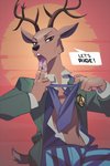 anthro antlers bottomwear brown_body brown_fur clothing finger_fetish finger_lick finger_play fingers fur half-closed_eyes horn jacket licking male narrowed_eyes necktie pants seductive solo tongue tongue_out topwear undressing miles_df beastars louis_(beastars) cervine deer mammal red_deer 2020 2:3