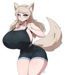 adjusting_clothing big_breasts blue_eyes bottomwear breasts brown_hair clothing female fluffy fluffy_tail hair huge_breasts inner_ear_fluff long_hair looking_at_viewer shorts side_boob simple_background solo standing tail tuft white_background mrsakai animal_humanoid canid canid_humanoid canine canine_humanoid humanoid mammal mammal_humanoid wolf_humanoid hi_res watermark