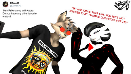 anthro big_breasts black_body black_choker black_clothing black_dress black_fur black_hair black_highlights black_jewelry black_latex black_necklace breasts brown_body brown_fur brown_hair choker cleavage clothed clothed_anthro clothed_male clothing dress duo ear_pull eyewear female fur glasses hair highlights_(coloring) jewelry latex latex_choker latex_clothing latex_dress male multicolored_body multicolored_fur multicolored_hair necklace q&a red_eyes shirt t-shirt talking_to_viewer topwear two_tone_body two_tone_fur two_tone_hair wearing_glasses white_body psikokinetic warfaremachine_(modeler) nintendo pokemon sublime asura_(psikokinetic) psiko_(psikokinetic) canid canine canis gardevoir generation_3_pokemon humanoid jackal mammal pokemon_(species) 2024 3d_(artwork) absurd_res digital_media_(artwork) hi_res source_filmmaker_(artwork)