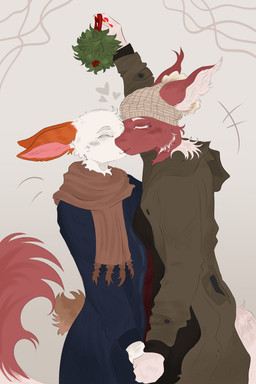 anthro beanie blush brown_body brown_fur clothing coat duo eyes_closed female fur hand_holding hat headgear headwear inner_ear_fluff kiss_on_lips kissing male male/female mistletoe plant red_body red_fur red_tail scarf scut_tail short_tail sweater tail topwear tuft white_body white_fur white_inner_ear_fluff appledpie omaira_jeckals spice_(bunwithmemes) fenril_(spicy_flakes) lagomorph leporid mammal rabbit 2:3 absurd_res hi_res