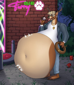 after_vore anthro antlers belly big_belly blonde_hair brown_body brown_fur eyewear fur glasses hair horn huge_belly male male_pred same_size_vore tongue tongue_out vore matokiro deer mammal hi_res