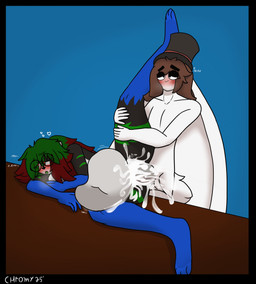 anthro belly belly_expansion big_penis bodily_fluids clothing cum cum_explosion cum_in_vagina cum_inflation cum_inside duo expansion female genital_fluids genitals hat headgear headwear huge_penis inflation male male/female penis sex text chromer_exe chromer.exe gentlebun domestic_cat felid feline felis lagomorph leporid mammal rabbit hi_res