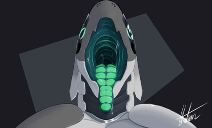 blue_mouth blue_tongue bodily_fluids gaping_throat green_mouth green_tongue imminent_vore long_tongue machine multicolored_body multicolored_mouth no_tonsils no_uvula open_mouth oral_invitation oral_vore safe_vore saliva saliva_on_tongue saliva_string throat tongue tongue_out vore thatman gh0st_(thatman_23) humanoid robot robot_anthro robot_humanoid synth_(vader-san) absurd_res hi_res