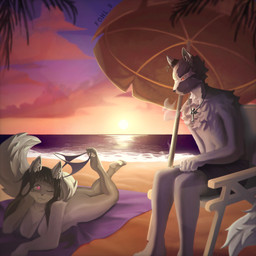 5_fingers 5_toes anthro arm_tuft beach beach_chair beach_umbrella bedroom_eyes belly_tuft big_breasts big_ears big_tail bikini black_hair blue_body blue_fur bodily_fluids bottomless bottomless_anthro bottomless_female bra breasts breath butt cheek_tuft christian_cross christian_symbol cigarette clothed clothing clothing_aside cloud cross cross_(marking) cross_necklace curled_tail detailed_background dipstick_tail duo ear_piercing elbow_on_ground elbow_tuft eyebrows facial_tuft feet female fingers fluffy fluffy_chest fur grey_body grey_fur hair hand_on_head head_tuft holding_cigarette holding_object humanoid_feet humanoid_hands inner_ear_fluff jewelry kemono kick long_hair looking_at_another lying lying_on_towel male male/female markings married_couple multicolored_body multicolored_fur narrowed_eyes navel necklace on_front one_eye_closed open_mouth palm_tree parasol pawpads piercing pink_eyes plant plantigrade purple_clothing purple_towel purple_underwear raised_leg red_eyes reflection religion religious_symbol romantic romantic_couple sand sea seductive silver_(metal) sitting smile smirk smoke smoking smoking_cigarette solo speech_bubble suggestive_look suggestive_pose suggestive_text sun sunset sweat swimming_trunks swimwear tail tail_markings tail_tuft text toes towel tree tuft two-piece_swimsuit two_tone_body two_tone_fur underwear underwear_aside underwear_on_foot water wave white_body white_fur white_pawpads white_sclera white_underside fohl_s christianity himezawa_lawchi luzenith_lawchi canid canine canis dire_wolf mammal prehistoric_species wolf 1:1 absurd_res digital_drawing_(artwork) digital_media_(artwork) english_text hi_res watermark