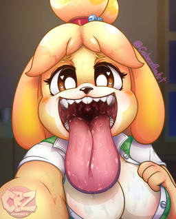 anthro anthro_pred big_breasts big_tongue bodily_fluids breasts cardigan cleavage clothed clothing detailed_mouth female female_pred first_person_view heart_eyes heart_symbol high-angle_view holding_viewer imminent_oral_vore imminent_vore looking_at_viewer mouth_shot open_mouth oral_invitation prey_pov saliva saliva_on_tongue solo tongue tongue_out uvula cabezilla animal_crossing nintendo isabelle_(animal_crossing) canid canine canis domestic_dog mammal shih_tzu toy_dog digital_media_(artwork) hi_res