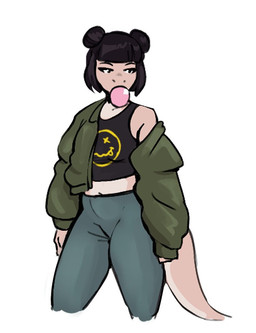 anthro black_hair blowing_bubble_gum bottomwear clothed clothed_anthro clothed_female clothing female hair hair_bun looking_down pants short_hair simple_background smiley_face solo sweater tail topwear yoga_pants perfecthorizon reptile scalie snake 2025 colored digital_drawing_(artwork) digital_media_(artwork) shaded sketch
