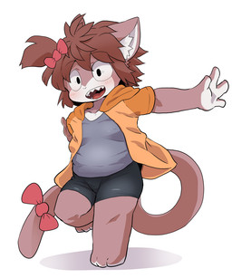 accessory ambiguous_gender anthro black_eyes blush bottomwear bow_(feature) bow_accessory bow_ribbon brown_body brown_fur brown_hair clothing fur furgonomics hair hair_accessory hair_bow hair_ribbon happy jacket long_tail open_mouth paws raised_leg ribbons sharp_teeth shorts slightly_chubby smile solo spandex spandex_shorts tail tail_accessory tail_bow tail_ribbon teeth tight_bottomwear tight_clothing tight_shorts topwear young young_anthro dagasi domestic_cat felid feline felis mammal 5:6 hi_res