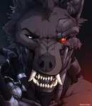 angry anthro blood bodily_fluids close-up cybernetics exposed_endoskeleton fangs fur glowing glowing_eyes looking_at_viewer machine male mecha robotic_reveal sharp_teeth solo teeth brain-plague canid canine cyborg mammal 2021 absurd_res hi_res signature