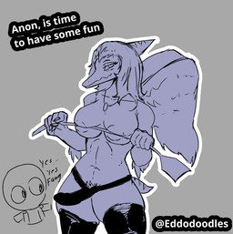 anthro anthro_focus areola bald big_breasts big_eyes biped black_clothing black_legwear black_thigh_highs bone_frill breasts canon_couple claws clothing dialogue duo elbow_feathers feathered_wings feathers female female_focus finger_claws fingers frill_(anatomy) front_view grey_background hair half-closed_eyes holding_object holding_whip human_on_anthro humanoid_hands interspecies jewelry latex latex_clothing latex_legwear latex_thigh_highs legwear long_hair looking_at_another looking_at_viewer markings mostly_nude_anthro mostly_nude_female narrowed_eyes navel necklace non-mammal_breasts non-mammal_navel outline pubes seductive short_tail simple_background solo_focus standing strapon striped_markings stripes tail talking_to_another text thigh_highs wearing_strapon whip white_outline wings eddodoodle cavemanon_studios goodbye_volcano_high ko_op_(game_developer) snoot_game anon_(snoot_game) fang_(gvh) human mammal prehistoric_species pterosaur reptile scalie 2026 artist_name digital_media_(artwork) english_text portrait restricted_palette three-quarter_portrait