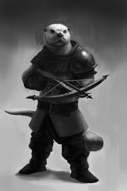 anthro armor belt boots chainmail clothing footwear fur grey_background holding_crossbow looking_at_viewer male pauldron shirt shoes simple_background standing tail topwear tunic ugo_chiola mammal mustelid otter 2013 2:3 monochrome
