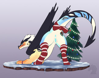 anus blue_eyes blue_vulva blush bodily_fluids butt claws clothed clothed_feral clothing female feral footwear genital_fluids genitals horn legwear membrane_(anatomy) membranous_wings mistletoe plant presenting presenting_anus presenting_hindquarters scales socks solo tail thigh_highs vulva wings conditional_dnp zenrii european_mythology mythology dragon mythological_creature mythological_scalie scalie western_dragon absurd_res hi_res