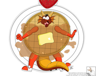 anthro clothing costume food food_costume fruit male plant solo strawberry text waffle waffle_costume lightluxcollie mythology crimson_dragonheart dragon mythological_creature mythological_scalie scalie 5:4 absurd_res english_text hi_res url
