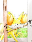 ambiguous_gender blush blush_lines eyes_closed feral fur inner_ear_fluff orange_body orange_fur paws solo stick stuck text tuft white_body white_fur yellow_body eiroru nintendo pokemon canid canine fennekin generation_6_pokemon mammal pokemon_(species) 2024 graphite_(artwork) hi_res japanese_text traditional_media_(artwork)