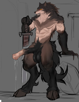 animal_genitalia animal_penis anthro balls big_balls big_penis black_body black_fur bodily_fluids brown_body brown_fur claws dewclaw dripping equine_genitalia equine_penis fangs fur genital_fluids genitals greatsword holding_object holding_weapon hooves huge_balls huge_penis leaking_precum male melee_weapon mismatched_genitalia mismatched_penis nude penis pointy_ears precum precum_drip solo standing sword tail teeth unguligrade weapon yellow_eyes laobai bai_(laobai) canid hybrid mammal absurd_res hi_res