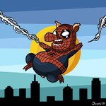 action_pose anthro clothing costume male open_mouth outside pose solo spider_web web_swinging ionahipri marvel spider-man_(series) spiderpig domestic_pig mammal suid suina sus_(pig) 1:1 2007