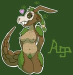 anthro areola arm_tuft biped bone breasts brown_body brown_ears brown_horn brown_scales brown_tail eyelashes female fur green_body green_eyes green_fur green_hair hair heart_symbol horn leg_markings leg_tuft markings moss multicolored_body multicolored_ears multicolored_scales narrowed_eyes navel nipples plant pubes scale_markings scales sharp_teeth shoulder_tuft skull smile solo tail tan_body tan_scales teeth thick_thighs thigh_markings thigh_tuft tuft two_tone_body two_tone_ears two_tone_scales two_tone_tail squablodecomplash auga_(squablodecomplash) kobold scalie 2020 character_name