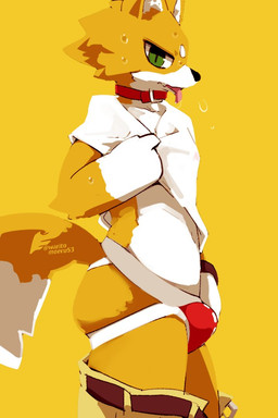 anthro belt black_nose bodily_fluids bottomwear bottomwear_down breath brown_belt bulge clothed clothing clothing_lift collar countershading dipstick_tail eyebrows fur green_eyes hair jockstrap kemono looking_at_viewer male markings multicolored_hair narrowed_eyes navel orange_body orange_fur panting pants pants_down partially_clothed red_collar saliva shirt shirt_lift side_view simple_background solo standing sweat tail tail_markings tan_bottomwear tan_clothing tan_pants tongue tongue_out topwear underwear white_body white_clothing white_eyebrows white_fur white_hands white_inner_ear white_paws white_shirt white_topwear wristband yellow_background moesouna_gomi canid canine fox mammal 2022 2:3