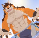 ^_^ abs anthro bulge clothing countershading eyes_closed hip_window male muscular muscular_anthro muscular_male pawpads pecs reaching_towards_viewer smile swimwear tora_oekaki lifewonders live_a_hero barrel_(live_a_hero) canid canine canis mammal wolf