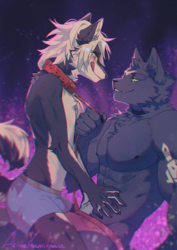 5_fingers abs anthro anthro_on_anthro athletic athletic_anthro athletic_dom athletic_male barazoku biceps black_body black_fur black_nipples blush choker clothed clothing collar countershading duo eye_contact fangs_bared fingers fur green_eyes head_tuft jewelry jockstrap jockstrap_only kemono leash leash_pull leashed_collar licking licking_lips looking_at_another male male/male necklace nipples pecs shorts_only slim slim_anthro slim_male slim_sub tongue tongue_out topless tuft underwear underwear_only white_body white_countershading white_fur yellow_eyes akiya_kamikawa canid canine canis mammal wolf hi_res