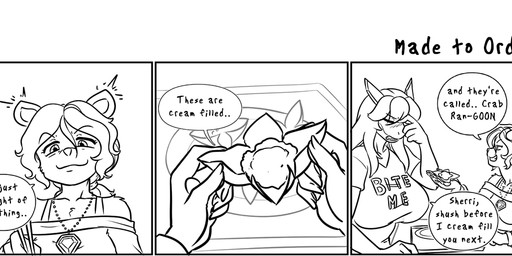 anthro big_breasts breasts clothed clothing dialogue duo female food holding_food holding_object humor pun smile speech_bubble text sherri_mayim aquatic canid canine canis domestic_dog fish mammal shark comic digital_media_(artwork) english_text monochrome