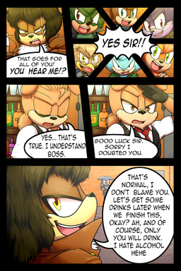 anthro bar beak biped clothed clothing eye_scar eyes_closed facial_scar fingers gesture gloves green_eyes hair half-closed_eyes handwear inside looking_at_viewer male narrowed_eyes open_mouth salute scar text dexstar sega sonic_the_hedgehog_(series) avian canid canine canis domestic_dog eulipotyphlan hedgehog mammal 2:3 comic digital_media_(artwork) english_text hi_res