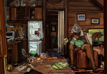 anthro appliance background_sex breasts cabin clothing detailed_background female feral feral_on_feral fridge furniture green_clothing green_shirt green_topwear kitchen_appliance male male/female messy_room nature_documentary open_fridge sex shirt side-eye sofa solo topwear wardrobe zarzaliel deer mammal hi_res