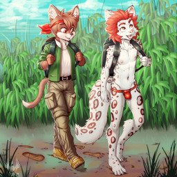 anthro backpack bottomwear bulge clothed clothing countershading duo fangs footprint footwear fully_clothed fur green_clothing hair male markings multicolored_body multicolored_fur nipples open_mouth outside pants pockets red_clothing red_eyes red_hair shoes spots spotted_body spotted_fur spotted_markings spotted_tail tail tail_markings teeth tongue walking young young_anthro young_male eldiman xavier_(newt65) felid mammal 1:1 2020 digital_media_(artwork) hi_res