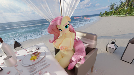 anthro anthrofied areola beach big_breasts biped breasts chair detailed_background eyebrows eyelashes female furniture hair nipples nude outside pink_hair pupils table thick_thighs yellow_body flutterpink_3d friendship_is_magic hasbro my_little_pony fluttershy_(mlp) equid equine mammal 16:9 3d_(artwork) 4k absurd_res digital_media_(artwork) hi_res widescreen