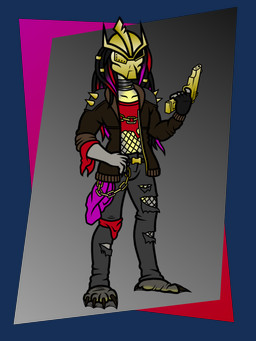 arm_spikes belt belt_buckle black_bottomwear black_clothing black_hair black_jeans black_pants bottomwear brown_clothing brown_jacket brown_topwear buckle chain clothing dark_clothing denim denim_bottomwear denim_clothing dreadlocks fingerless_gloves fishnet_clothing fishnet_legwear fishnet_topwear footwear gloves gold_(metal) gold_buckle gold_chain gold_jewelry gold_mask gold_spikes grey_body grey_skin gun hair hand_on_hip handgun handwear highlights_(coloring) holding_object holding_weapon jacket jeans jewelry legwear long_hair male mask multicolored_body neck_ring nylon nylon_clothing nylons pants pink_clothing pink_hair pistol ranged_weapon red_clothing red_hair red_shirt red_topwear shirt shoulder_spikes simple_background socks solo spikes spikes_(anatomy) standing topwear torn_bottomwear torn_clothing torn_jeans torn_pants torn_shirt torn_topwear translucent translucent_clothing translucent_footwear translucent_socks weapon yellow_body yellow_skin janek5 predator_(franchise) dave_(janek5) alien humanoid yautja 3:4 absurd_res hi_res