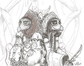 ambiguous_gender anthro duo elderly elderly_intersex gown multi_limb renaissance_clothing shoulder_to_shoulder smile skekla_(artist) the_dark_crystal skekla_the_illustrator skeksil_the_chamberlain alien skeksis 2015 english_description signature