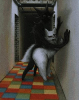 against_surface against_wall anal anthro big_butt biped black_body butt duo from_behind_position fur hallway hand_on_wall hands_on_wall male male/male nude_anthro sex size_difference tail thick_thighs white_body white_fur guhg_kemonowo silly_cat_(mauzymice) domestic_cat felid feline felis mammal monster hi_res male_(lore)