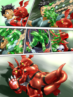 duo eye_contact face_lick licking looking_at_another lying male on_back open_mouth smile tails_touching tongue tongue_out transformation tonde bandai_namco digimon digimon_(species) guilmon human mammal 2017 3:4 comic hi_res