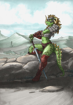 armor bedroom_eyes bottomwear clothing curvy_figure female green_body green_scales headgear helmet horn horned_helmet loincloth looking_at_viewer melee_weapon mountain narrowed_eyes navel outside pose scales seductive solo spines sword tail unconvincing_armor weapon ewgengster microsoft the_elder_scrolls sha_(ewgengster) argonian scalie hi_res traditional_media_(artwork)