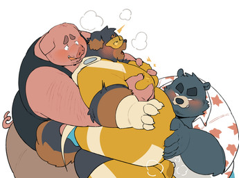anthro belly big_belly blush bodily_fluids bulge clothing genital_fluids groping_from_behind group kemono male male/male moob_grab moobs overweight overweight_male precum shirt simple_background skinsuit superhero tight_clothing topwear visor white_background quanjiang superhero_dog_(quanjiang) bear canid canine canis domestic_dog domestic_pig mammal suid suine sus_(pig) 2024 hi_res