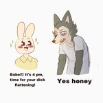 anthro blush bodily_fluids clothed clothing duo eye_bags female happy humor male sad simple_background sweat text white_background thesketchfox beastars dick_flattening haru_(beastars) legoshi_(beastars) canid canine canis domestic_rabbit dwarf_rabbit lagomorph leporid mammal oryctolagus rabbit wolf 1:1 2020 english_text hi_res meme