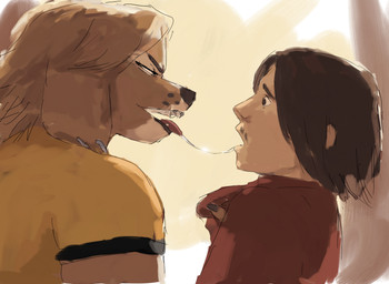 anthro bodily_fluids braces claws clothed clothing dominant dominant_female duo ear_piercing ear_ring empty_eyes eye_contact eyes_closed facial_hair female finger_claws fur hair human_on_anthro interspecies lips looking_at_another male male/female mustache open_mouth open_smile piercing ring_piercing saliva saliva_on_tongue saliva_string shirt_grab short_hair simple_background smile tan_body tan_fur thick_bottom_lip redustheriotact buffy_(sumamiarts) canid canine canis domestic_dog human mammal 2026 absurd_res hi_res sketch