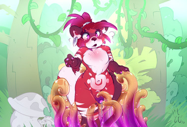 anthro blush bodily_fluids colored_nails ear_piercing ear_ring edging eyebrows eyelashes fluffy fluffy_tail flustered foreskin forest fungus genital_fluids genitals hair jungle male markings multicolored_body mushroom nails navel open_mouth penis piercing plant precum red_body red_hair ring_piercing solo tail tentacles tree tree_trunk tribal tribal_markings vines white_body kemotobi tobiki_(kemotobi) domestic_ferret elemental_creature flora_fauna mammal mustelid musteline true_musteline weasel 2017 trans_(lore) trans_woman_(lore)