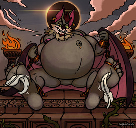 5_toes ankle_cuffs anthro barefoot bdsm belly big_belly biped black_toe_claws bodily_fluids bondage bound brown_facial_hair brown_goatee brown_hair brown_nose brown_wings butt butt_from_the_front chain chained chained_cuffs cheek_tuft claws clenched_teeth cloud cloudy_sky cross cross_ear_piercing cross_ear_ring cross_piercing cuff_(restraint) digit_ring eclipse evil_grin facial_hair facial_tuft fangs feet fire foot_fetish foot_focus fur goatee green_sclera hair half-closed_eyes humanoid_feet humanoid_hands humanoid_heel jewelry loose_feather male membrane_(anatomy) membranous_wings mesoamerican_architecture multicolored_body multicolored_fur musclegut muscular muscular_anthro muscular_male narrowed_eyes navel neck_tuft nipples nude open_mouth open_smile outie_navel outside overweight overweight_anthro overweight_male piercing pink_inner_ear pink_nipples plant plantigrade playful playful_face pose restraints ring shackles sharp_teeth sitting sky smile soles solo submissive submissive_male sweat sweatdrop tan_body tan_fur teeth tickle_fetish tickling tickling_feet toe_claws toe_ring toes toothy_grin tuft two_tone_body two_tone_fur vines winged_arms wings wrist_cuffs sayrantesis silverwing_(series) goth_(character) bat canid canine canis mammal wolf 2024 colored digital_drawing_(artwork) digital_media_(artwork) hi_res pinup shaded signature