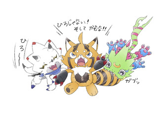 angry anthro bite clothing female fur gloves green_body group handwear horn kerchief male markings neckerchief neckwear orange_body orange_fur plushie striped_markings striped_tail stripes tail tail_bite tail_in_mouth tail_markings text trio white_body isei0212 bandai_namco digimon digimon_beatbreak digimon_ghost_game animate_inanimate digimon_(species) gammamon gekkomon living_plushie pristimon scalie hi_res japanese_text