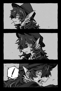 anthro clothed clothing coat emotional exclamation_point eyewear glasses hair hat headgear headwear male solo topwear pixiv_id_41347309 arknights hypergryph mythology studio_montagne lee_(arknights) aquatic carp cyprinid cypriniform dragon fish mythological_creature mythological_scalie scalie 2025 comic hi_res monochrome