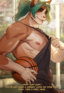 5_fingers anthro areola ball basketball_(ball) bedroom_eyes biceps bodily_fluids bottomwear clothed clothing clothing_pull dialogue fingers fur hair half-closed_eyes holding_ball holding_object looking_at_viewer male muscular muscular_anthro muscular_male narrowed_eyes nipples pecs seductive shirt smile solo standing sweat sweatdrop talking_to_viewer tank_top text topwear poofroom leo_(poofroom) felid feline felis mammal absurd_res digital_media_(artwork) english_text hi_res
