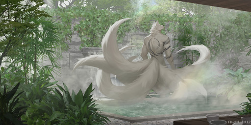 anthro black_markings black_nose cheek_tuft eyes_closed facial_tuft fur male male_anthro markings mouth_closed multi_tail muscular muscular_anthro muscular_male neck_tuft nude outside plant rear_view solo standing tail text tuft water white_body white_fur white_tail awaldkize canid canine mammal 2025 absurd_res artist_name dated hi_res