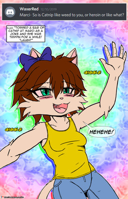 accessory anthro ask_blog blush bottomwear bow_ribbon breasts brown_hair clothing denim denim_bottomwear denim_clothing female giggle hair hair_accessory hair_bow hair_ribbon jeans message open_mouth pants ribbons shirt solo speech_bubble teal_eyes text topwear user_avatar user_message viroveteruscy marci_hetson domestic_cat felid feline felis mammal 2020 absurd_res english_text hi_res