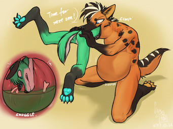 4_fingers 4_toes abdominal_bulge anthro anthro_pred anthro_prey barefoot belly biped black_claws black_ears black_markings black_nose black_spots blue_eyes blue_pawpads bodily_fluids bodily_noises bone bones_in_stomach brown_body brown_fur brown_hair butt butt_grab cheek_tuft claws clenched_teeth countershade_torso countershading cutaway death dialogue different_sound_effects digestion digitigrade duo exclamation_point extended_sound_effect facial_tuft fangs fatal fatal_vore feet fingers fluffy fluffy_tail fur fur_markings glup gradient_background green_body green_fur grey_text hair half-closed_eyes hand_on_butt head_first hindpaw holding_character imminent_death in_mouth inner_ear_fluff inside_stomach internal kneeling lifted lifting looking_at_another looking_down male male_pred male_prey markings motion_lines multicolored_hair multicolored_tail narrowed_eyes neck_bulge nude number onomatopoeia open_mouth oral_vore orange_pawpads organs partial_speech_bubble partially_inside pawpads paws rumbling_stomach same_size_vore scared side_view simple_background slorsh slosh sloshing_belly soft_vore sound_effect_variant sound_effects spots spotted_body spotted_fur stomach stomach_acid swallowing swallowing_sound_effect tail tan_background tan_body tan_fur teeth text three-quarter_view toes tuft vore white_body white_countershading white_fur white_hair white_markings white_text lunlunfox rei'ok_(superpianoman929) wafflesky_(character) canid canine canis domestic_dog husky hyena mammal nordic_sled_dog spitz spotted_hyena 2020 4:3 dated digital_drawing_(artwork) digital_media_(artwork) english_text hi_res signature watermark