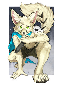 anthro bottomwear claws clothing crouching ear_markings finger_claws fur green_eyes holding_knife holding_object knife looking_at_viewer male markings pawpads paws shorts skull_accessory solo tail tail_markings toe_claws white_body white_fur wintom canid canine fennec_fox fox mammal true_fox 2026 hi_res