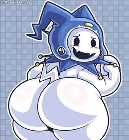 abstract_background ambiguous_gender anthro awkward_smile big_butt biped blush blushing_at_viewer bubble_butt butt clothing cute_fangs fangs fool's_hat hat headgear headwear huge_butt looking_at_viewer looking_back presenting presenting_hindquarters rear_view solo tail teeth text white_body aceekdarzty conditional_dnp atlus megami_tensei sega jack_frost_(megami_tensei) demon humanoid imp 2026 artist_name hi_res