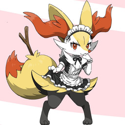 3_fingers 3_toes anthro apron big_ears big_tail black_body blush blush_lines bottomwear bow_ribbon bracelet chest_tuft clothing dipstick_tail dress eyelashes feet female female_anthro fingers inner_ear_fluff jewelry looking_at_viewer maid_headdress maid_uniform markings pointed_nose pose pseudo_clothing red_body red_eyes red_nose skirt smile solo standing stick_in_tail tail tail_markings toes tuft uniform white_body yellow_body noye nintendo pokemon braixen generation_6_pokemon mammal pokemon_(species) 1:1 2026 colored detailed digital_drawing_(artwork) digital_media_(artwork) full-length_portrait hi_res portrait shaded