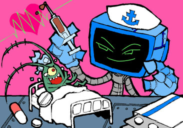 bed clothing duo female for_a_head furniture headgear headwear heart_symbol male male/female medicine nurse_clothing nurse_headwear pink_background screen screen_face simple_background smile isakiv nickelodeon spongebob_squarepants karen_plankton sheldon_j._plankton aquatic object_head plankton_(species) screen_head